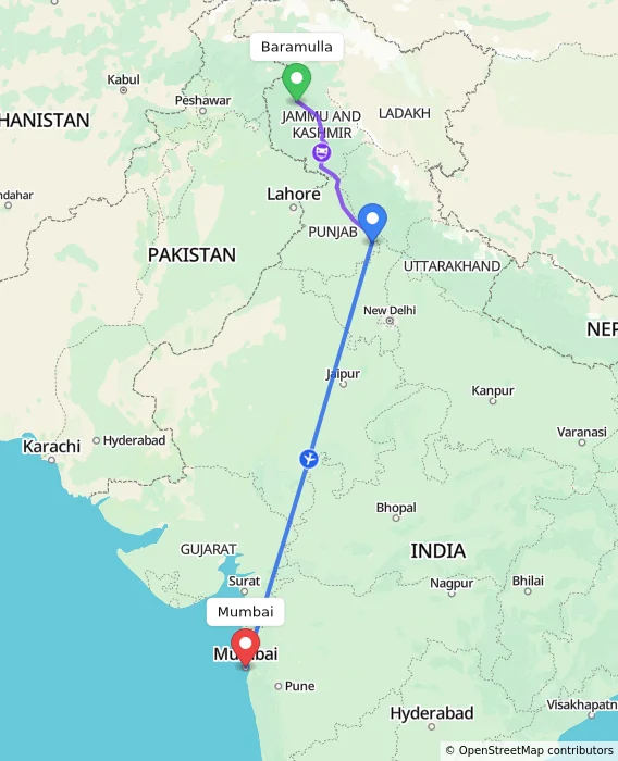 Route map showing distance and travel time from Baramulla, India to Mumbai, India