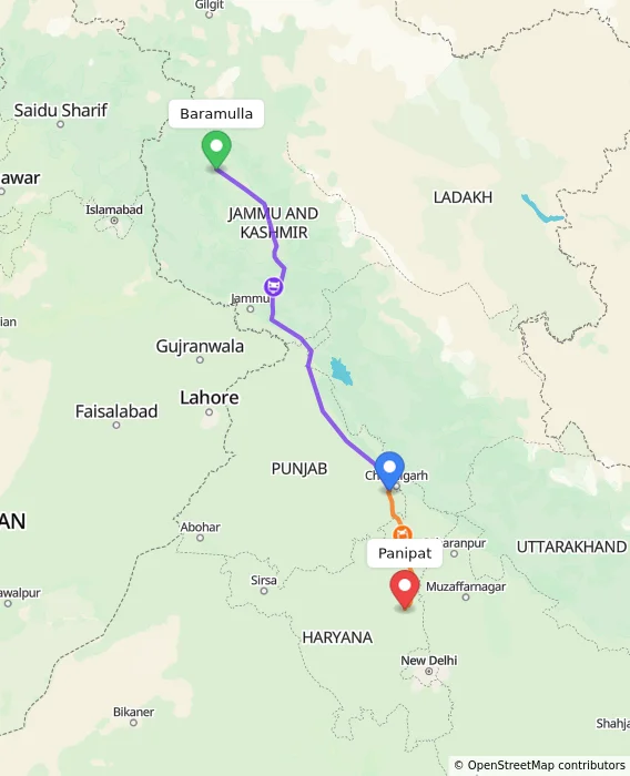 Route map showing distance and travel time from Baramulla, India to Panipat, India