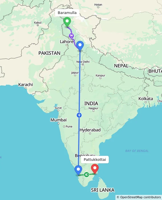 Route map showing distance and travel time from Baramulla, India to Pattukkottai, India