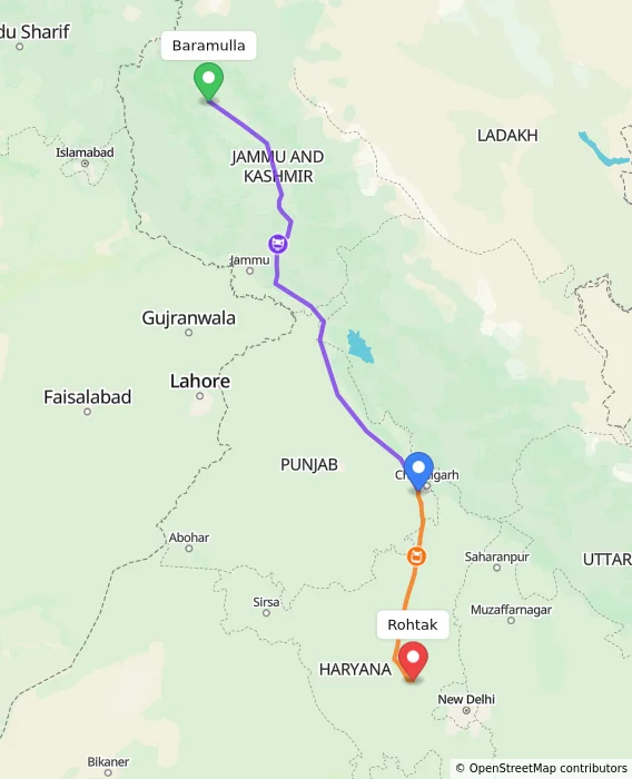 Route map showing distance and travel time from Baramulla, India to Rohtak, India