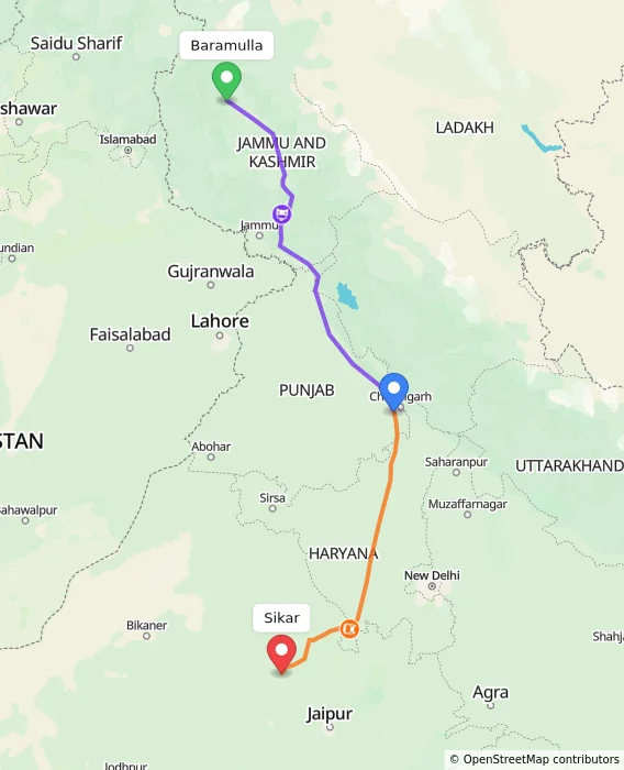 Route map showing distance and travel time from Baramulla, India to Sikar, India