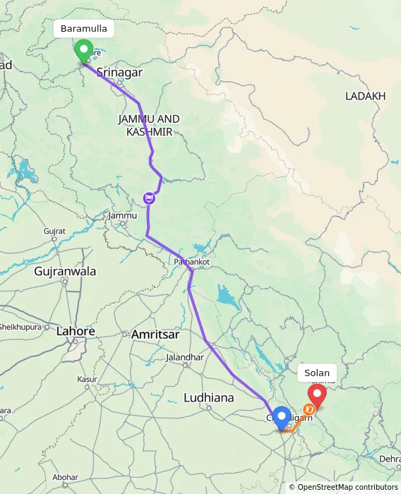 Route map showing distance and travel time from Baramulla, India to Solan, India