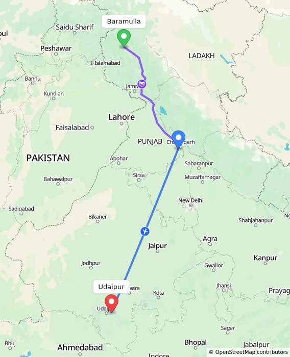 Route map showing distance and travel time from Baramulla, India to Udaipur, India