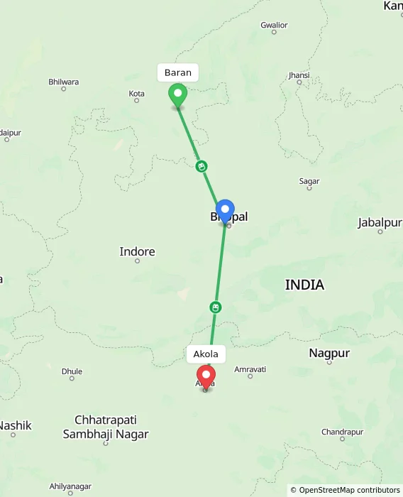 Route map showing distance and travel time from Baran, India to Akola, India