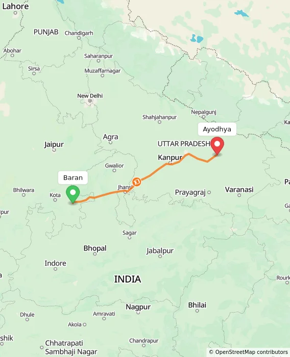 Route map showing distance and travel time from Baran, India to Ayodhya, India