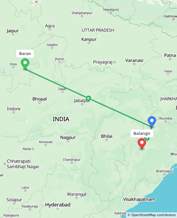 Route map showing distance and travel time from Baran, India to Balangir, India