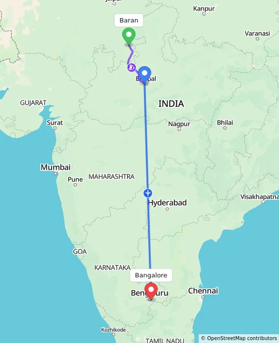 Route map showing distance and travel time from Baran, India to Bangalore, India