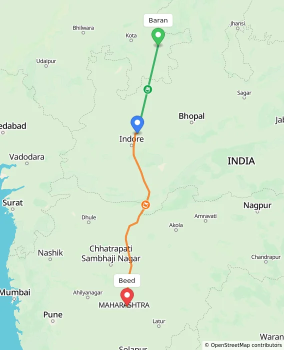 Route map showing distance and travel time from Baran, India to Beed, India