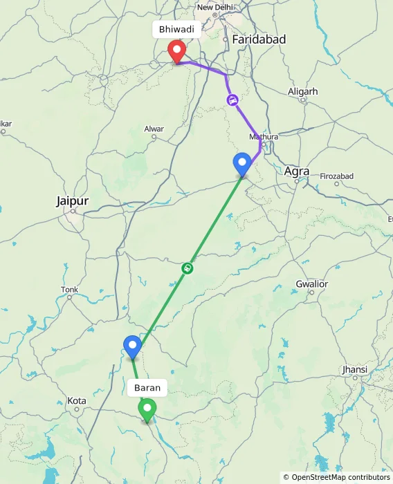 Route map showing distance and travel time from Baran, India to Bhiwadi, India