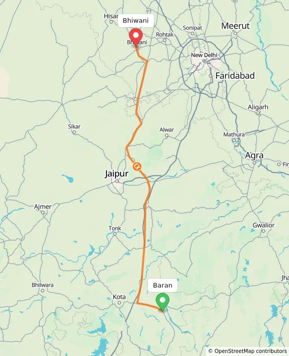 Route map showing distance and travel time from Baran, India to Bhiwani, India