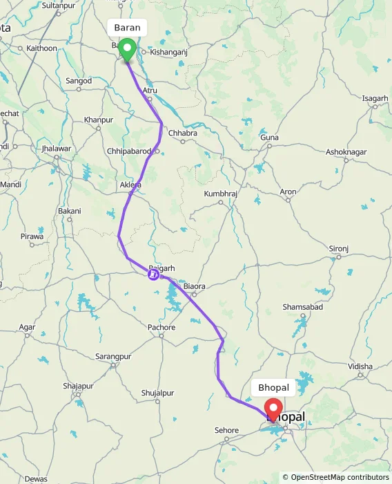 Route map showing distance and travel time from Baran, India to Bhopal, India