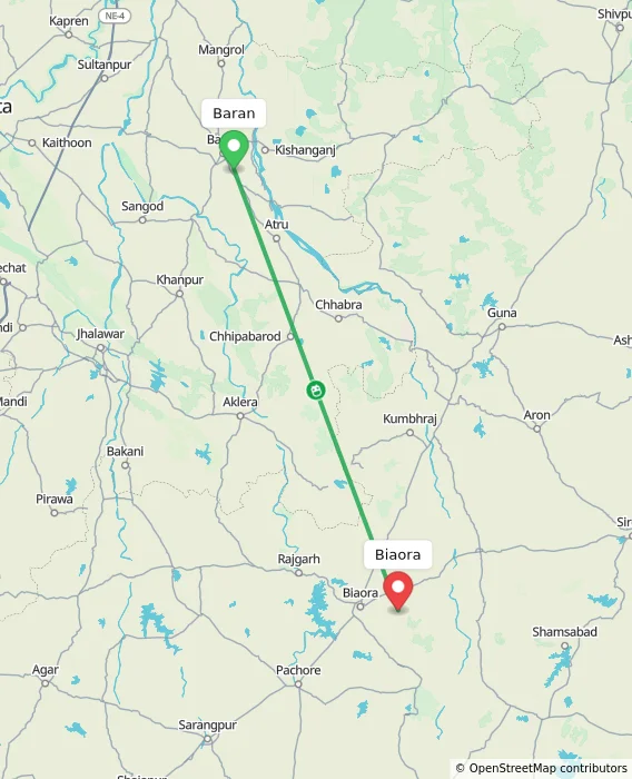 Route map showing distance and travel time from Baran, India to Biaora, India