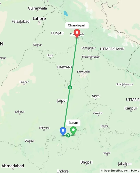Route map showing distance and travel time from Baran, India to Chandigarh, India
