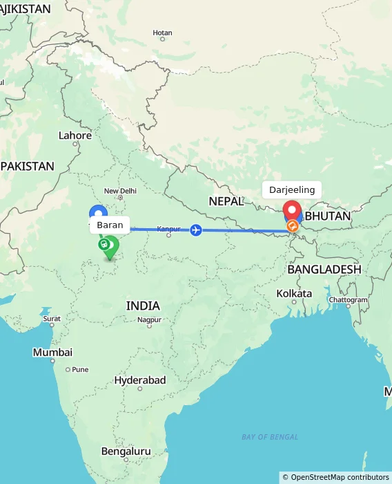 Route map showing distance and travel time from Baran, India to Darjeeling, India
