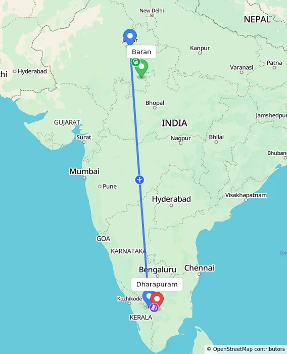 Route map showing distance and travel time from Baran, India to Dharapuram, India