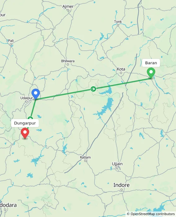 Route map showing distance and travel time from Baran, India to Dungarpur, India
