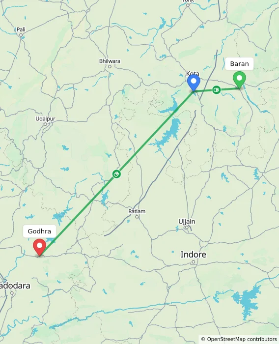 Route map showing distance and travel time from Baran, India to Godhra, India