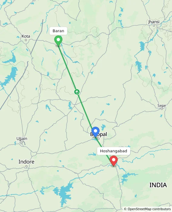 Route map showing distance and travel time from Baran, India to Hoshangabad, India