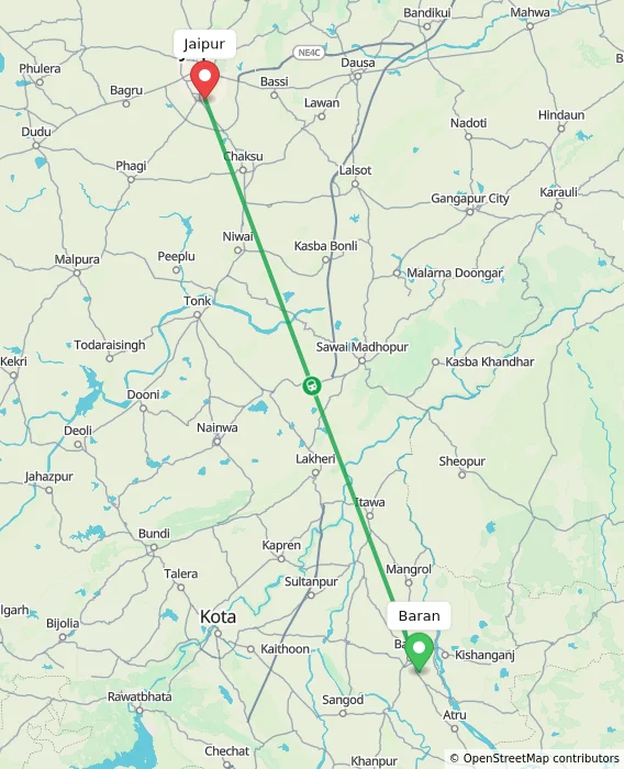 Route map showing distance and travel time from Baran, India to Jaipur, India