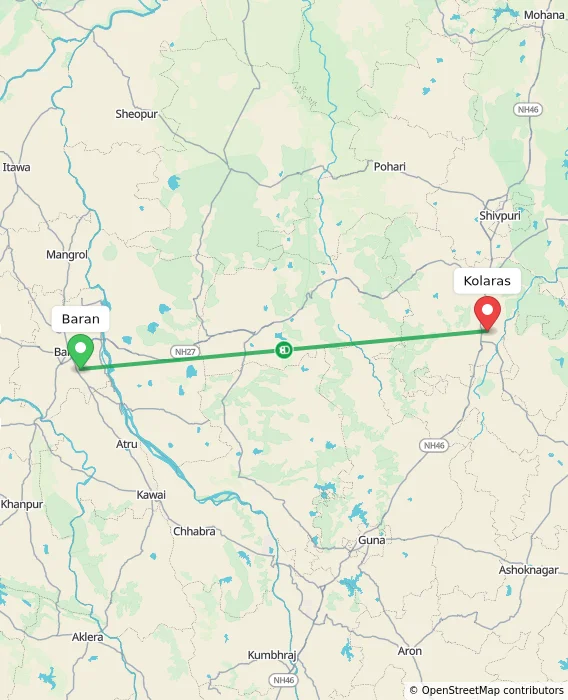 Route map showing distance and travel time from Baran, India to Kolaras, India