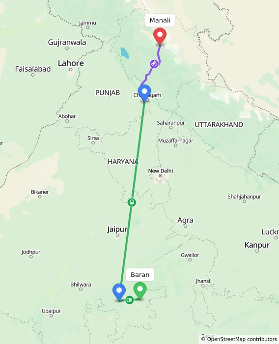 Route map showing distance and travel time from Baran, India to Manali, India