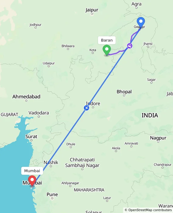 Route map showing distance and travel time from Baran, India to Mumbai, India