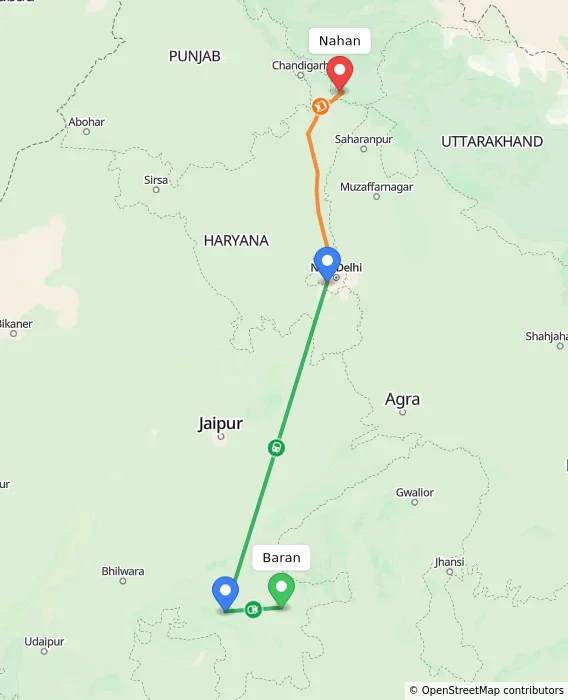 Route map showing distance and travel time from Baran, India to Nahan, India