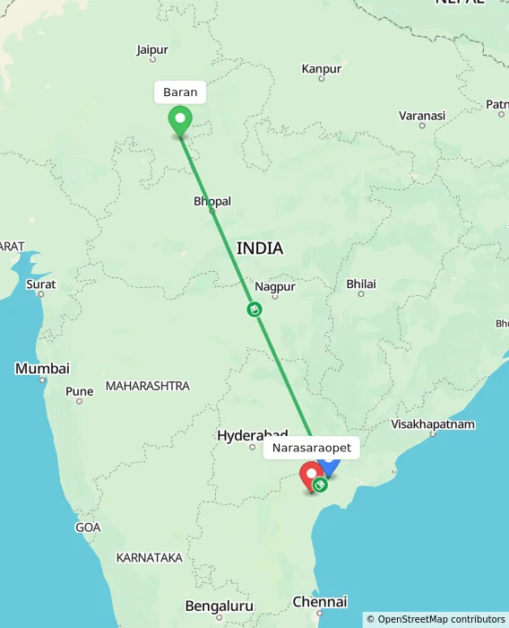 Route map showing distance and travel time from Baran, India to Narasaraopet, India