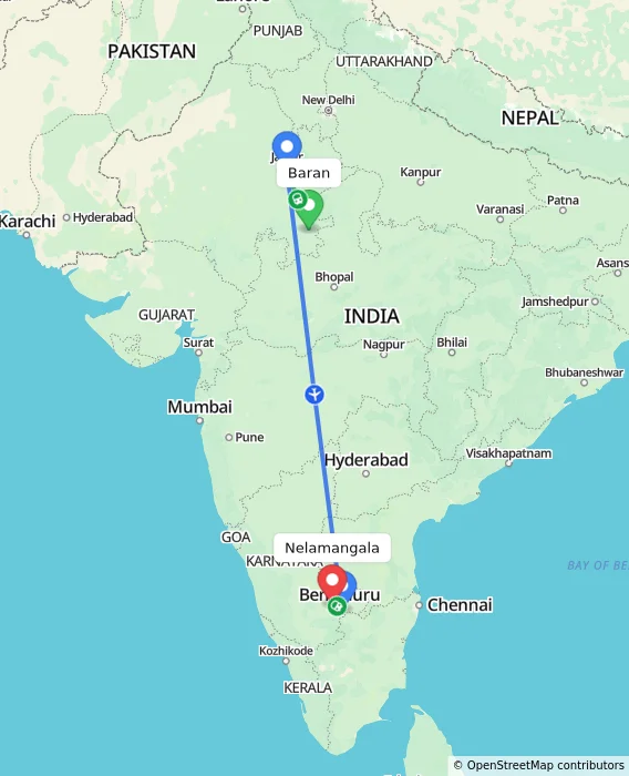 Route map showing distance and travel time from Baran, India to Nelamangala, India