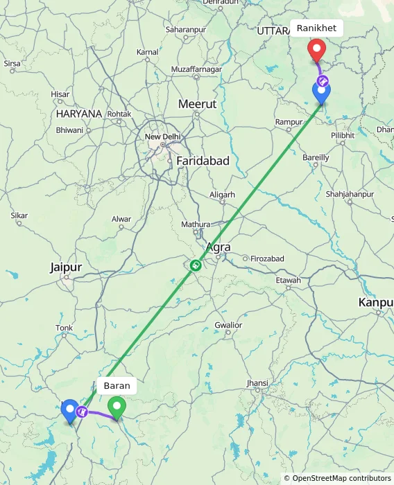 Route map showing distance and travel time from Baran, India to Ranikhet, India