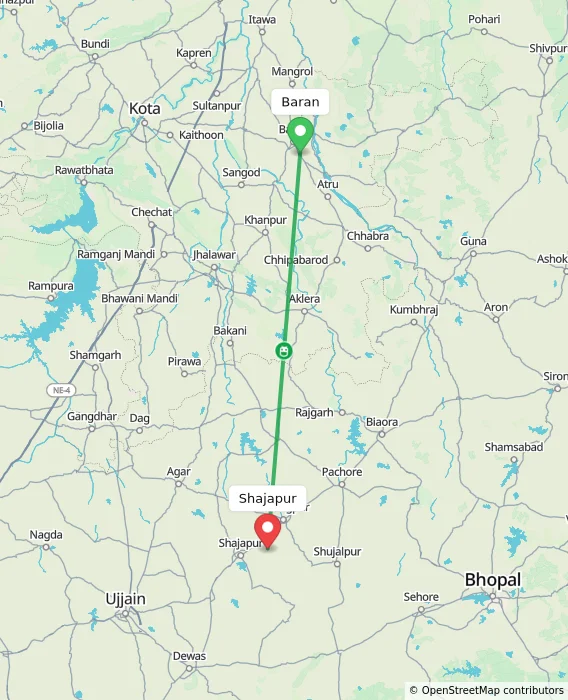 Route map showing distance and travel time from Baran, India to Shajapur, India