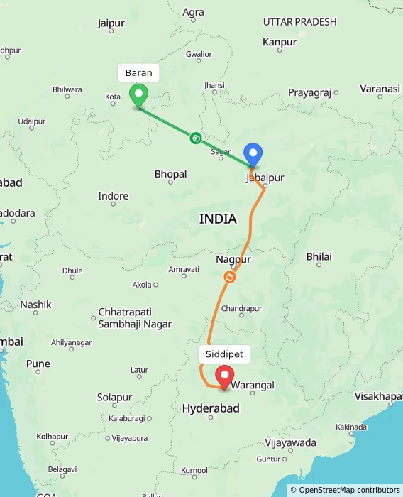Route map showing distance and travel time from Baran, India to Siddipet, India