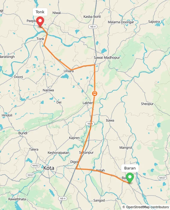 Route map showing distance and travel time from Baran, India to Tonk, India