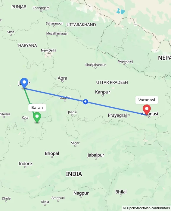 Route map showing distance and travel time from Baran, India to Varanasi, India