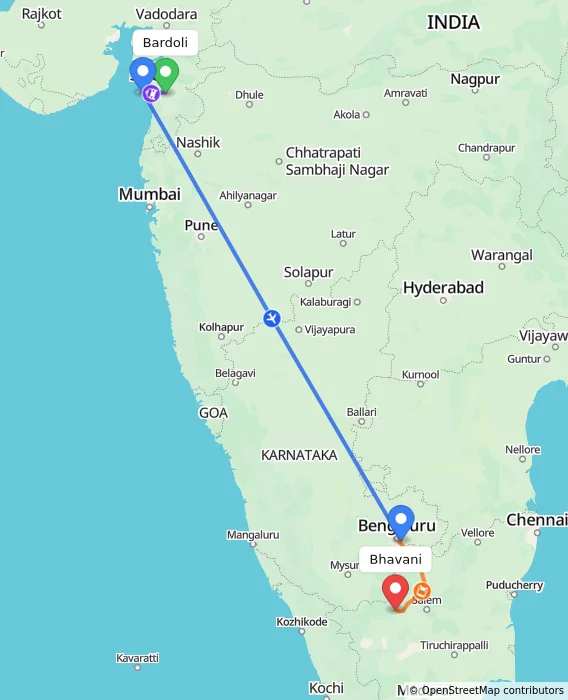 Route map showing distance and travel time from Bardoli, India to Bhavani, India