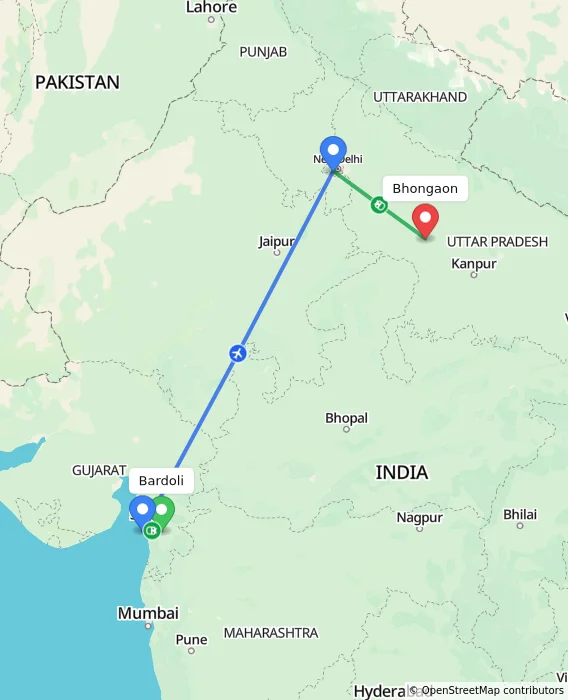 Route map showing distance and travel time from Bardoli, India to Bhongaon, India