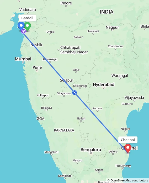 Route map showing distance and travel time from Bardoli, India to Chennai, India