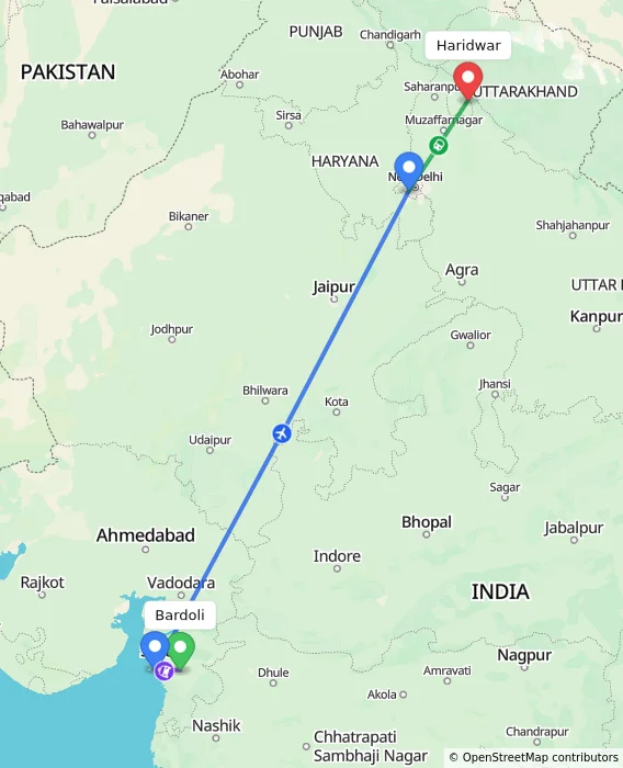 Route map showing distance and travel time from Bardoli, India to Haridwar, India