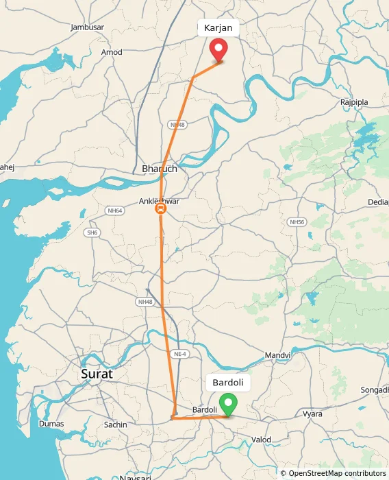 Route map showing distance and travel time from Bardoli, India to Karjan, India