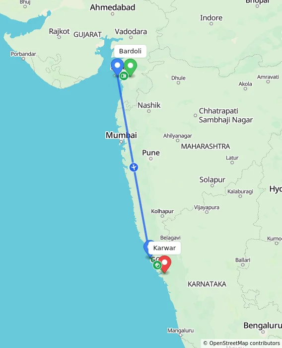 Route map showing distance and travel time from Bardoli, India to Karwar, India