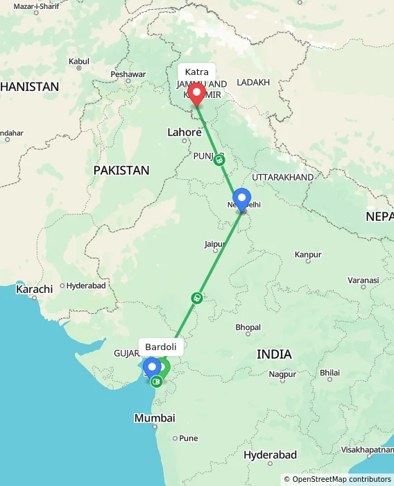 Route map showing distance and travel time from Bardoli, India to Katra, India