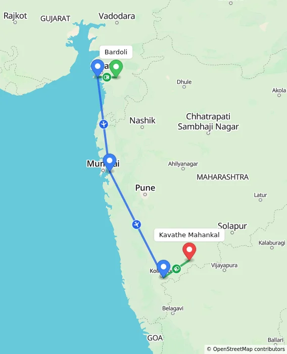 Route map showing distance and travel time from Bardoli, India to Kavathe Mahankal, India