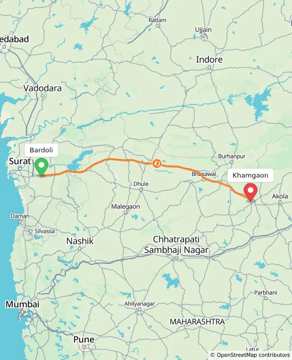 Route map showing distance and travel time from Bardoli, India to Khamgaon, India