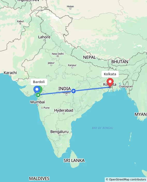 Route map showing distance and travel time from Bardoli, India to Kolkata, India
