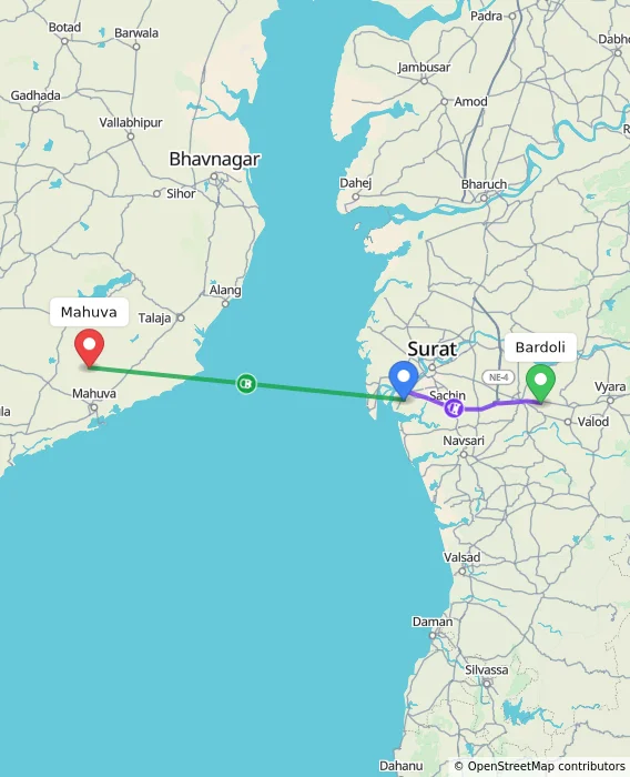 Route map showing distance and travel time from Bardoli, India to Mahuva, India