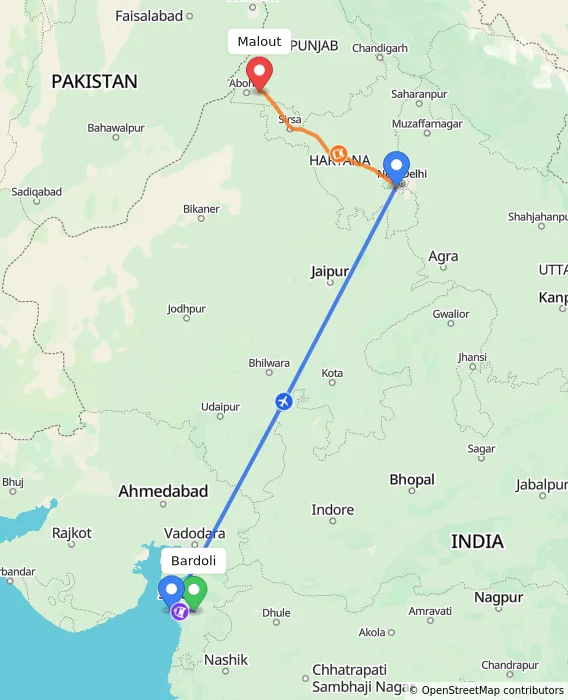 Route map showing distance and travel time from Bardoli, India to Malout, India