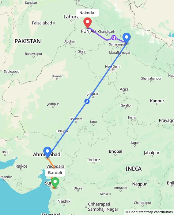 Route map showing distance and travel time from Bardoli, India to Nakodar, India