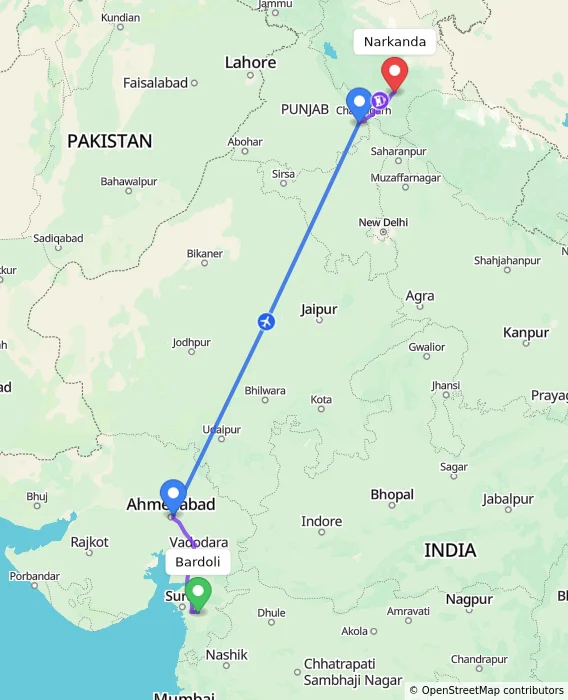 Route map showing distance and travel time from Bardoli, India to Narkanda, India
