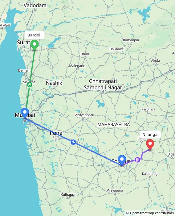 Route map showing distance and travel time from Bardoli, India to Nilanga, India