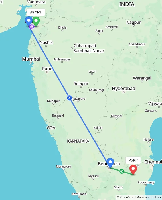 Route map showing distance and travel time from Bardoli, India to Polur, India